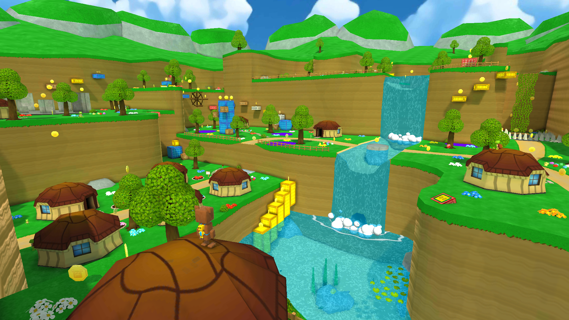 Super Bear Adventure game project showcase — Turtletown world with bright green hills, waterfalls, cozy houses, and coins.